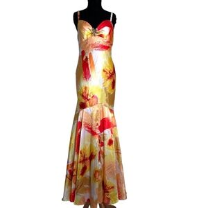 Betsy and Adam floor length floral satin mermaid yellow orange dress Size 8